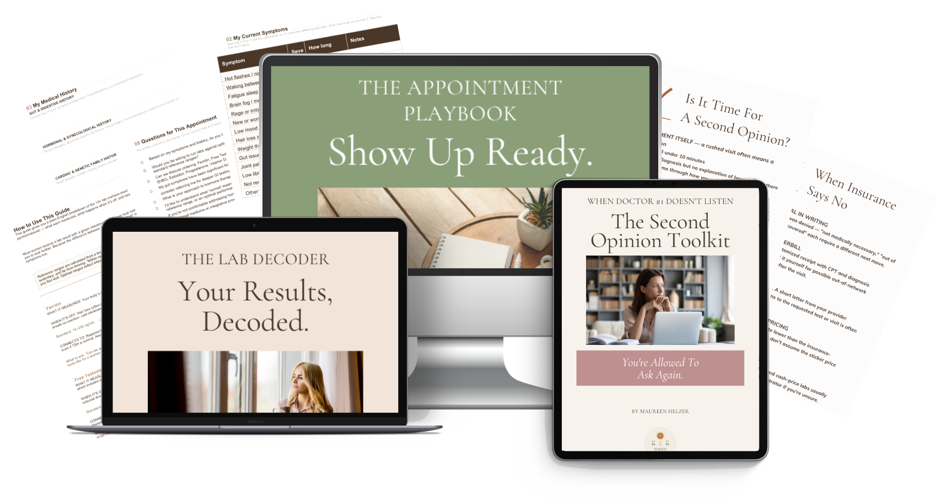 The Whole Office Toolkit: the Appointment Playbook, the Lab Decoder, and the Second Opinion Toolkit shown across desktop, laptop, and tablet, with printed pages